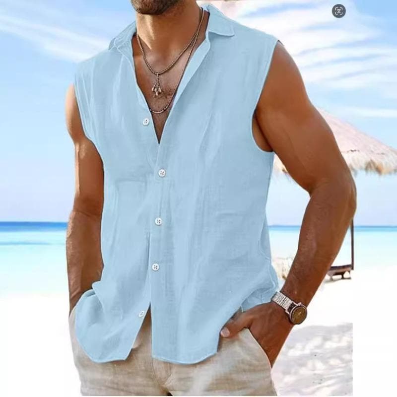 Hawaii Solid Color Sleeveless Cotton Linen Shirt Summer Lapel Beach Shirt Solid Color Men's Clothing cm white