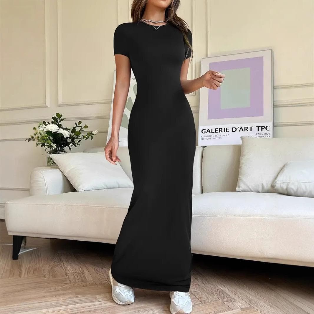 Spring Summer Solid Color Temperament Slim Fit Short Sleeve Women's Casual Dresses cm army green