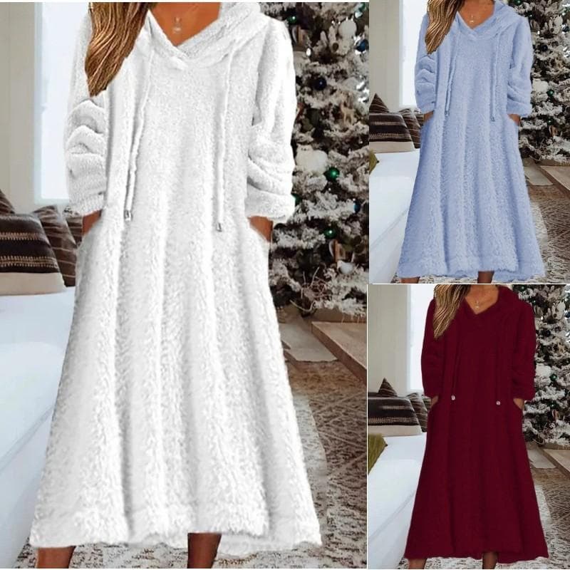 Women's Fleece Hooded Long Dress with Pockets and Drawstring, Cozy Winter Pullover Dress In White, Blue, Black, Wine Red cm khaki